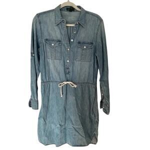 LRL Lauren Jeans Co Women's Light Blue Roll Tab Long Sleeve Denim Shirt Dress, 8